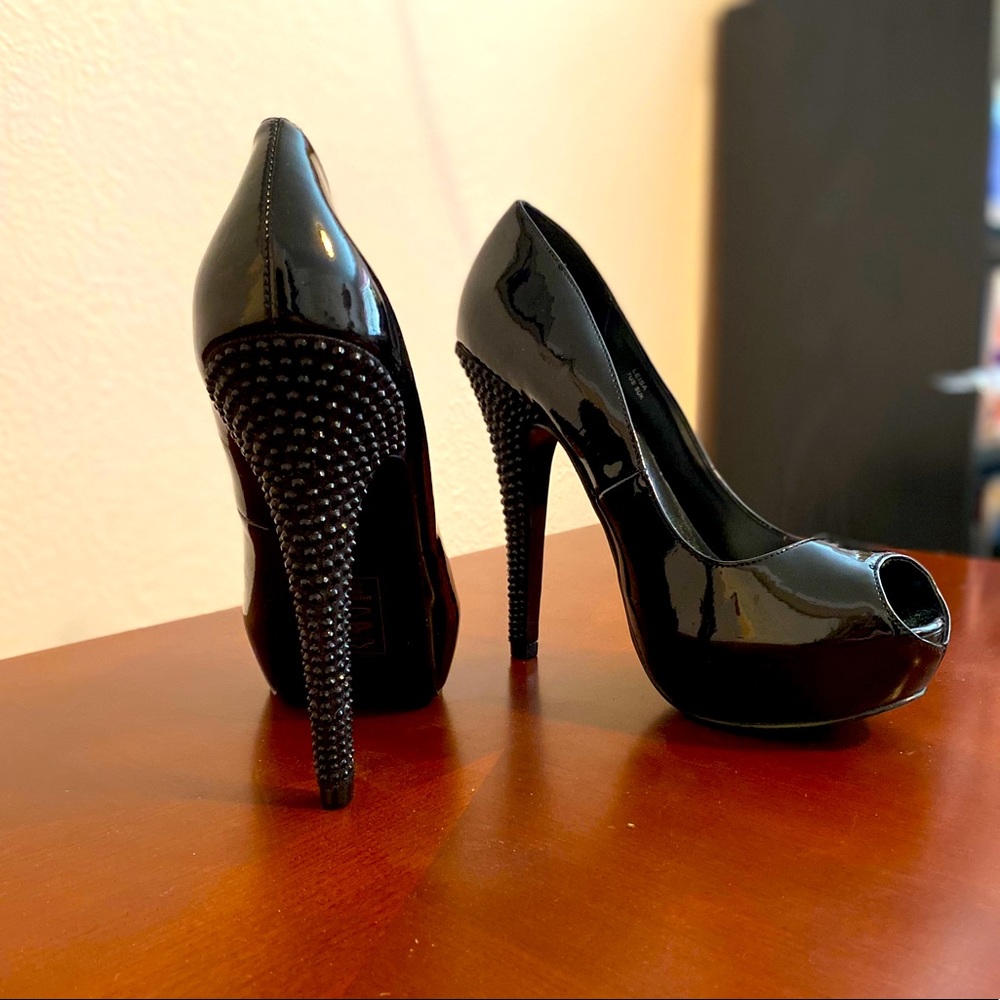 Patent black peep toe Crystal stoned heels